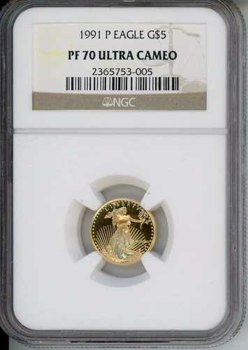 1991-P $5 GOLD EAGLE 1/10 Oz. G$5 NGC PF70 PF-70 PROOF PR70 CAMEO SCARCE !!