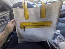Michael Kors Kenly Large North South Tote White MK Signature Citrus Yellow New
