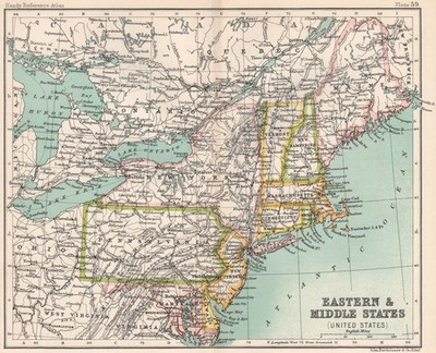 Ost- und Mittlere Staaten (USA). Neuengland. USA 1904 alte Karte