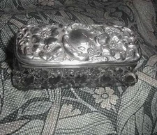 Antique English DEAKIN Sterling Silver Cut Crystal Box, Chester 1890's w Flowers