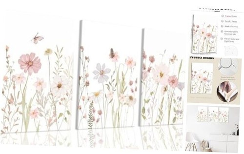 Framed Wildflower Canvas Wall Art Set of 3–Pink Flower Pictures, Botanical