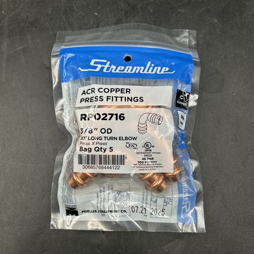 New (QTY. 5) Mueller Streamline RP02716 3/8" ACR Copper Press Fittings 90° Elbow
