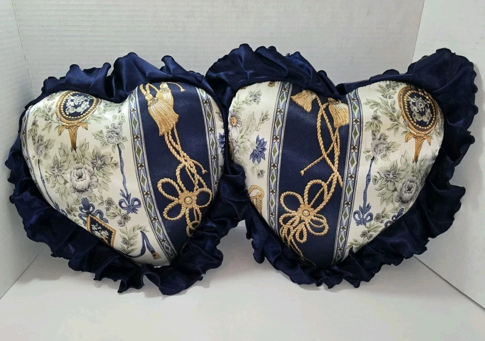 2 Heart Shape Throw Pillows Navy Blue Satin Silk Ruffle Trim Baroque Regal Style - Image 2 of 4