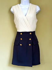 SHEIN Pleated V-Neck Sleeveless Button Dress Navy/White Womens Size M