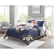 5pc Full/Queen Leilani Floral Print Comforter Bedding Set - Navy/Blush: