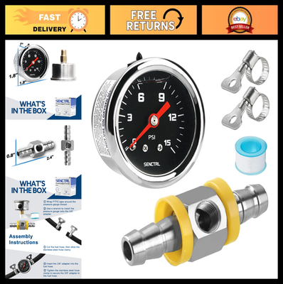 #ad #ad 0 15 PSI Fuel Pressure Gauge Kit 3 8quot; Stainless Steel Fittings Inline Low Pres $37.99
