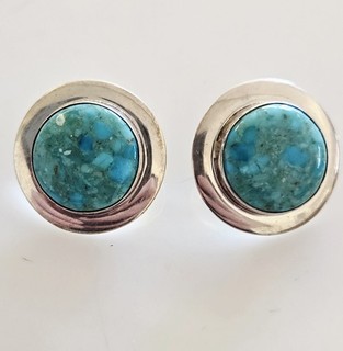 Silver CHINA 925 DTR Designer Turquoise Circular Southwestern Stud Post Earrings