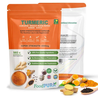 FOOD PURA 180 x 4000mg CLEAN Turmeric Ginger Garlic Black Pepper Caps HIGH STRENGTH Vegan