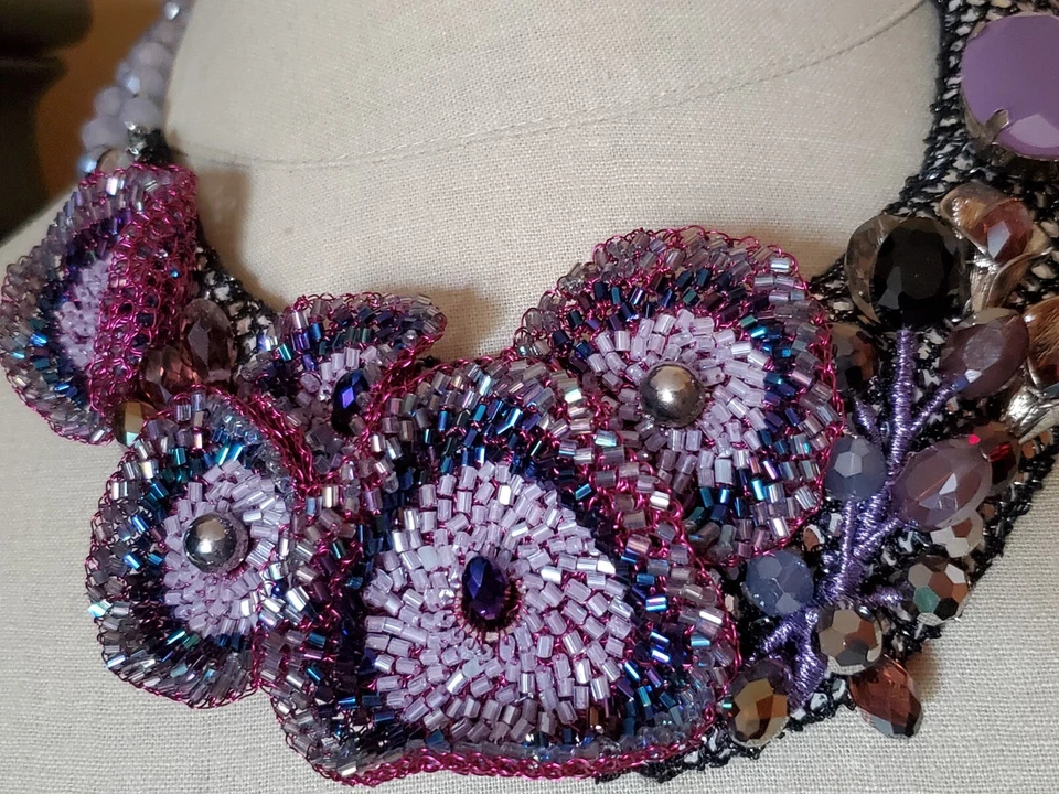 Искусство Custom смешанные медиа бижутерия ювелирные изделия кристалл бусина кружева заявление ожерелье нагрудник - Изображение 4 из 4