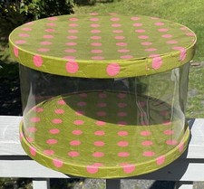 Large 1940s 1950s Vintage Hatbox Quilted Round Clear Sides Polka Dot Mid Century