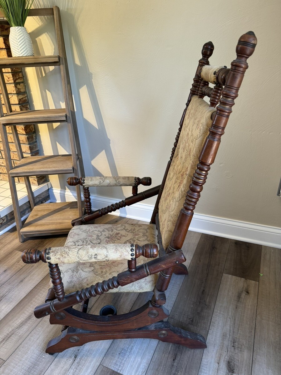 Antique Spindle Plaform Rocker Rocking Chair, Needle Point