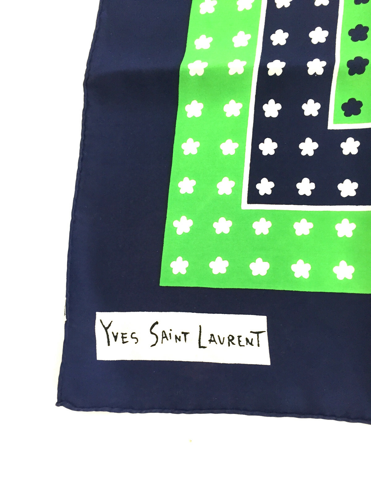 Sciarpa Twill Vintage Yves Saint Laurent blu navy verde stampa piccolo fiore seta