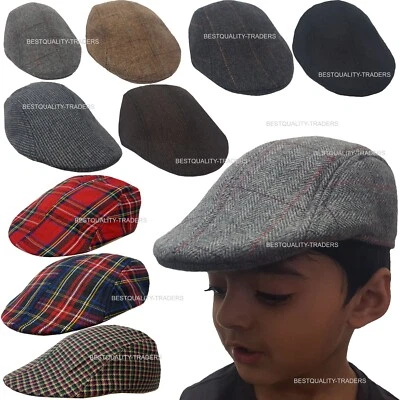 Jungen Kind Mädchen Flatcap Tweed Karo Fischgrät Zeitungsjunge Peaky Einheitsgröße Mütze
