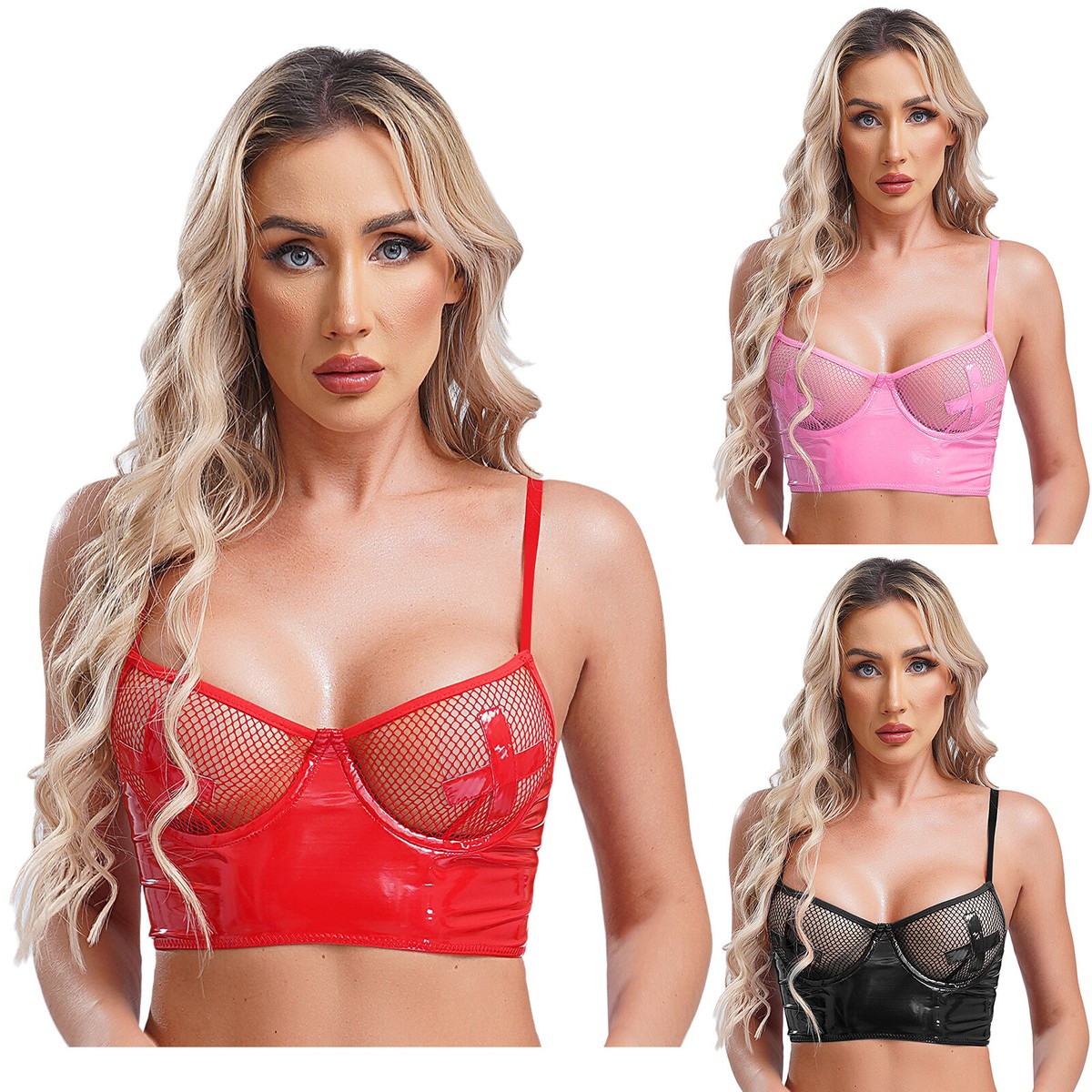 Womens Sexy Corset Lingerie Fishnet Patchwork Bra Top