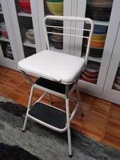 Vintage MCM Cosco Kitchen Step Chair Stool With Flip Up Seat White 