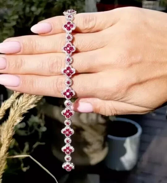 8ct Round Lab Created Ruby Diamond Pretty Women's Bracelet 14k White Gold Plated - Image 3 of 4