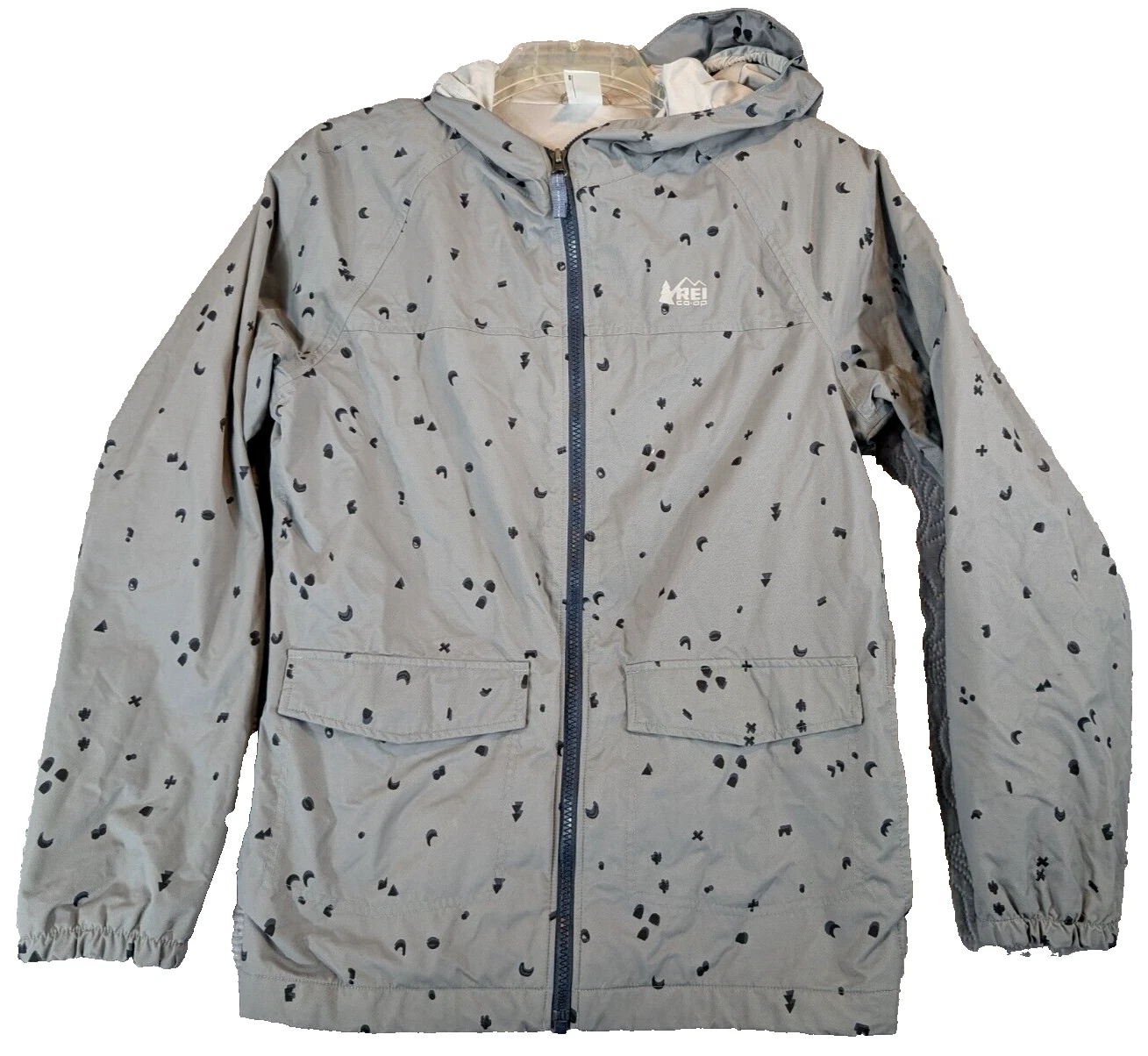 REI CO-OP Rain Hooded Jacket Boy's 14-16 Large Gray Black All Over Print Casual