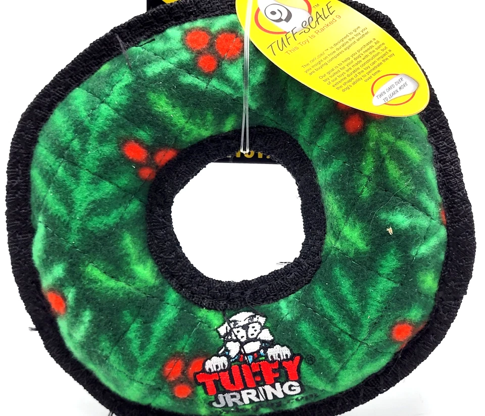 Anillo de Navidad de vacaciones Tuffy verde flotante chirriante tirador y agitador juguete para perro 7" Foto 3 de 4