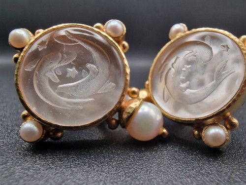 19ct Gold Elizabeth Locke Earrings Intaglio Glass Pearls Clip On RARE Not 18ct - Picture 15 of 24