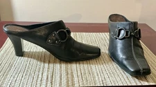 Aerosoles Mule Heels Sz 9.5 Black Leather Slip On Cinch Worm Horsebit Buckle