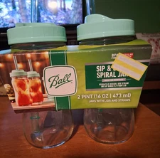 Ball USA Sip & Straw SPIRAL JARS Glass Drinkware W/ Plastic Lid Straw 16 Oz