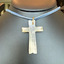 Vintage Carved White Onyx 2” Cross Pendant On Blue Suede Cord