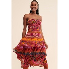 Farm Rio Anthropologie Floral Strapless Tiered Midi Dress New Large