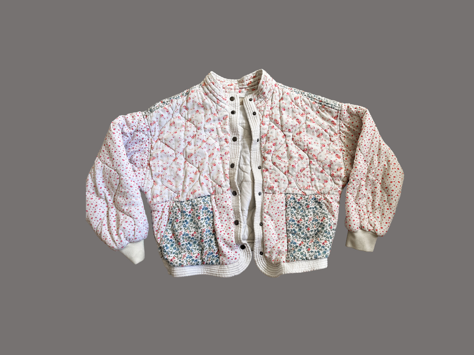 Floral Patchwork Quilted Jacket Snap Front Ribbed… - image 3
