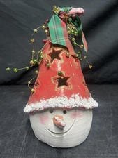 Unique handmade clay 11” snowman head with a Red hat Christmas decor. Tea Light?