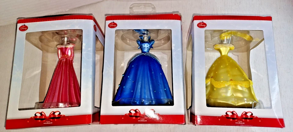 3 adornos de vestido de princesa de vacaciones Disney vidrio soplado caja original 7" Foto 2 de 4