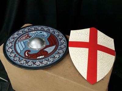 Medieval Shield Set Templar Knight Steel Shield & Viking Norse Raven Wood Shield