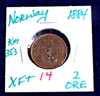 NORWAY 1884 ''2 ORE''  EXTRA FINE  (U-GRADE) KM 353 CIRCULATED #14