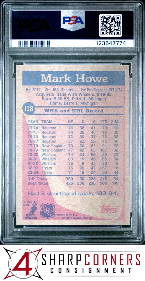 1984 TOPPS #118 MARK HOWE FLYERS HOF PSA 9 - Image 2 of 3