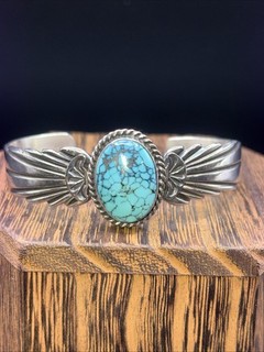 Vintage “WILBERT & ELOUISE MANYGOATS” Navajo Sterling Silver Turquoise Cuff Sz 6