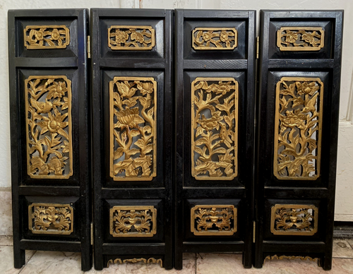 Miniature Wooden Chinese Screen Divider Black Gold Carved 4 Panels Floral Motif