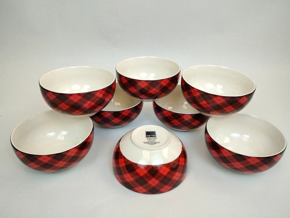 Juego de 8 tazones de sopa/cereal Argyle rojo a cuadros 222 quinta Navidad 5,5" de diámetro raro sin usar Foto 4 de 4