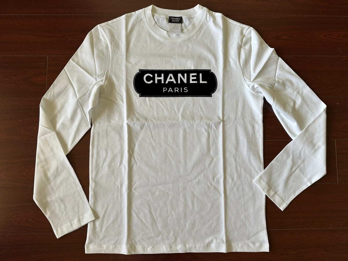 Authentic NWT CHANEL Top White Long T-shirt Tee Uniform New Logo Shirt Coco Sz S
