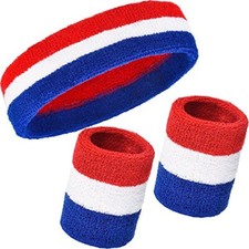 3 Pieces Sweatbands Set, Includes Sports Headband and Red, White and Blue