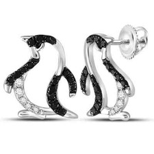 Black  White Simulated Diamond Penguin Fashion Stud Earrings in Sterling Silver