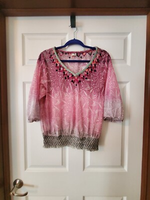 Anthropologie Akemi + Kin Top Women's Medium Pink Gray Ombre Mesh Sheer V Neck
