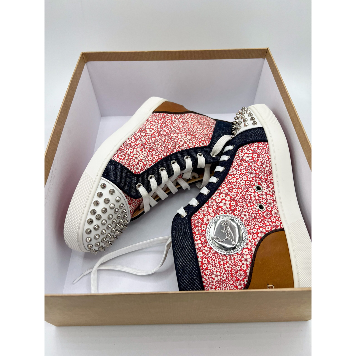 Mens Christian Louboutin Men's Spike Floral Print Denim High