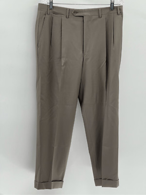 Canali Dress Pants Men Size 34 x 28 Beige Brown Wool Cuffed Pleated