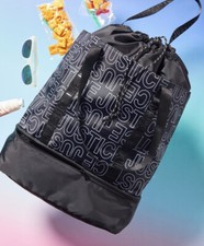 New Girls Justice Logo Drawstring Tote Bag Black White Sports
