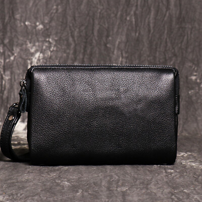 Mens Black Leather Wristlet Genuine Leather Clutch Bag Card Organizer