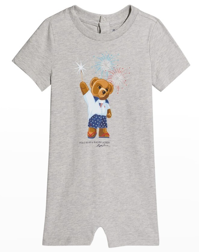 Polo Ralph Lauren Baby Boys Grey Cotton Jersey Shortall Romper 6M Large Bear NWT