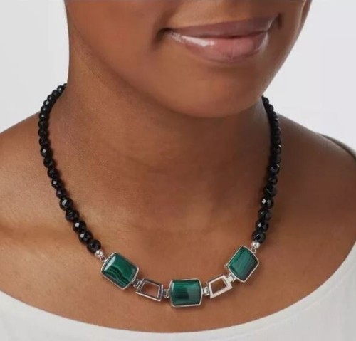 Collar artesanal reversible de malaquita y calcedonia de plata esterlina de 18" Jay King - Imagen 3 de 4