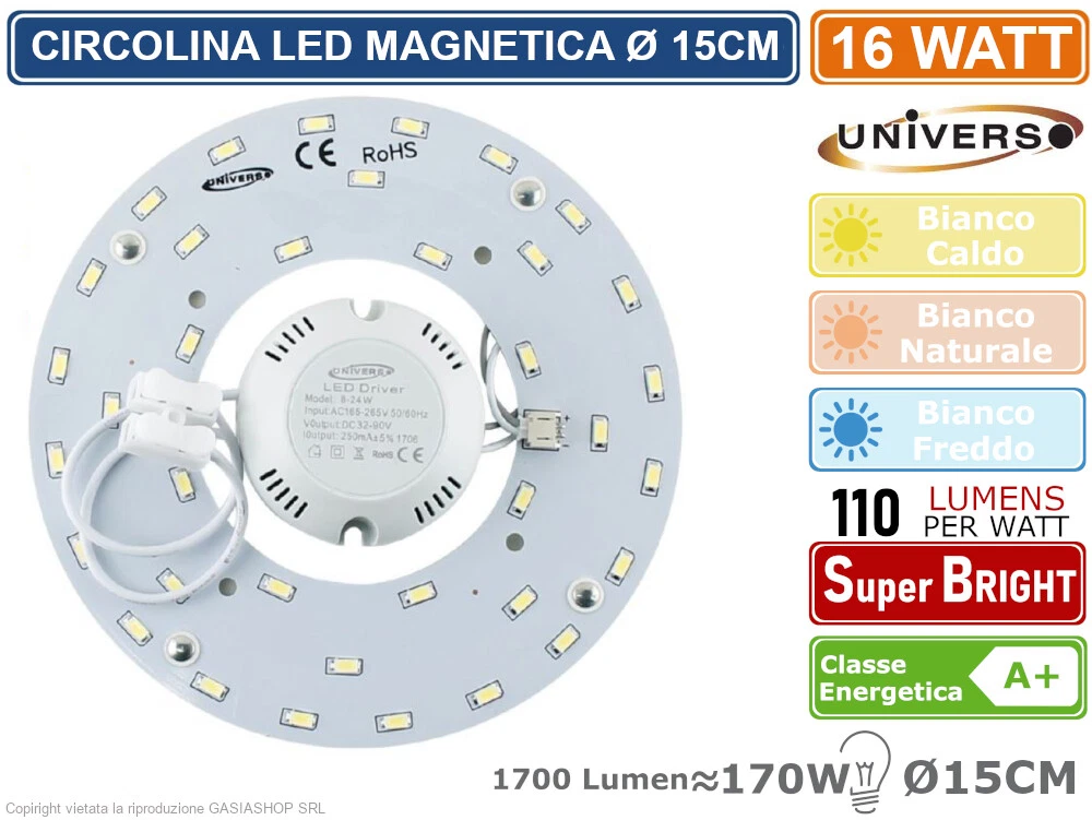 Kit Ricambio LED Circolare Per Plafoniera 12W 6500K 36 LED 220V - Diametro 15cm Con Magnete, UNIVERSO SRL