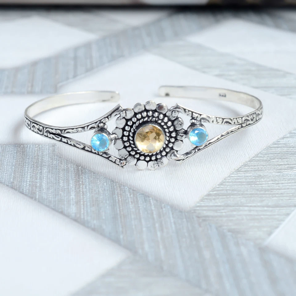 Facettierter Citrin, Blautopas Edelstein Armband 925 Sterling Silber Armreif - Bild 3 von 4