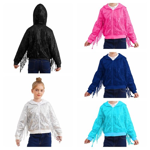 Kids Girls Coat Party Outerwear Hip Hop Jacket Dance Sparkly Birthday Tassels - Picture 6 of 81