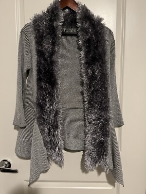 Lauren Michelle Metallic Silver Cardigan Faux Fur L Sweater